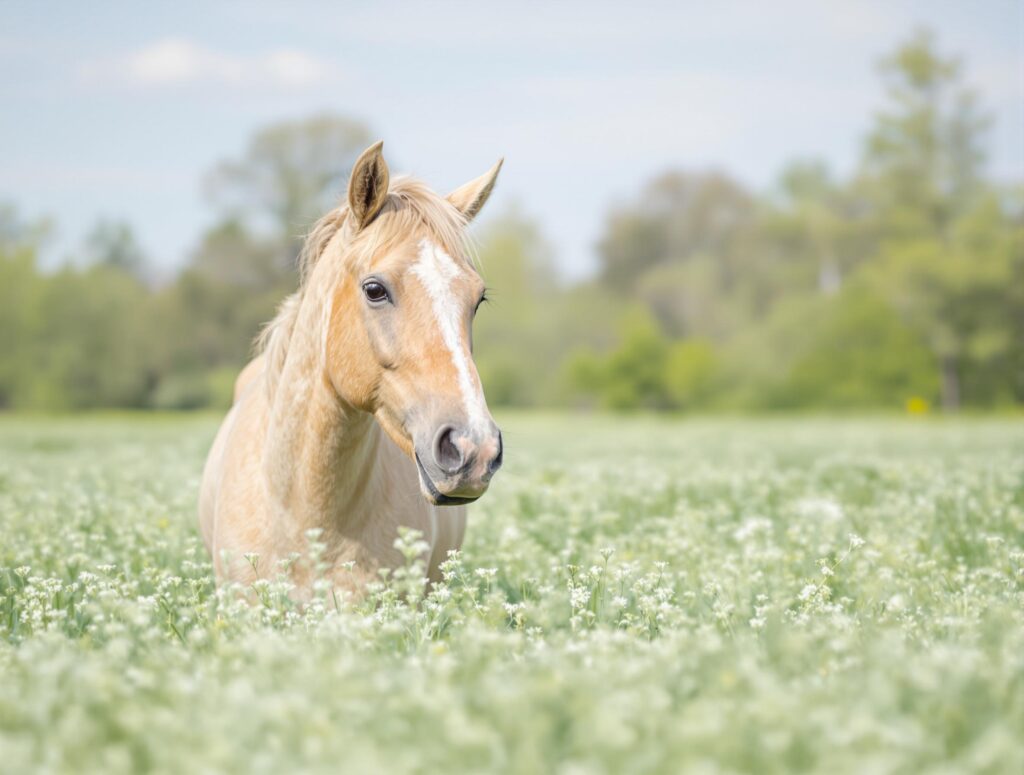 A mare in early spring displaying natural reproductive behavior in a lush pasture, illustrating signs of a mare in heat.