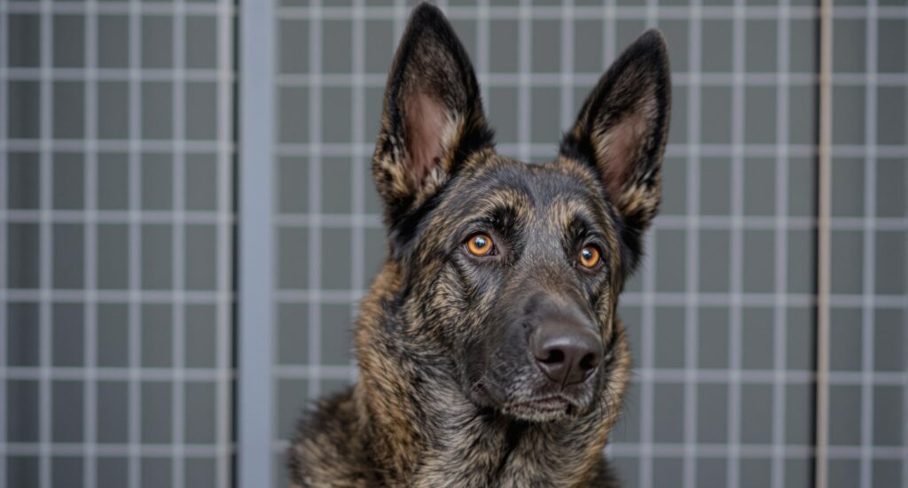 A sable German Shepherd with bright amber eyes undergoes a checkup at a veterinary clinic.