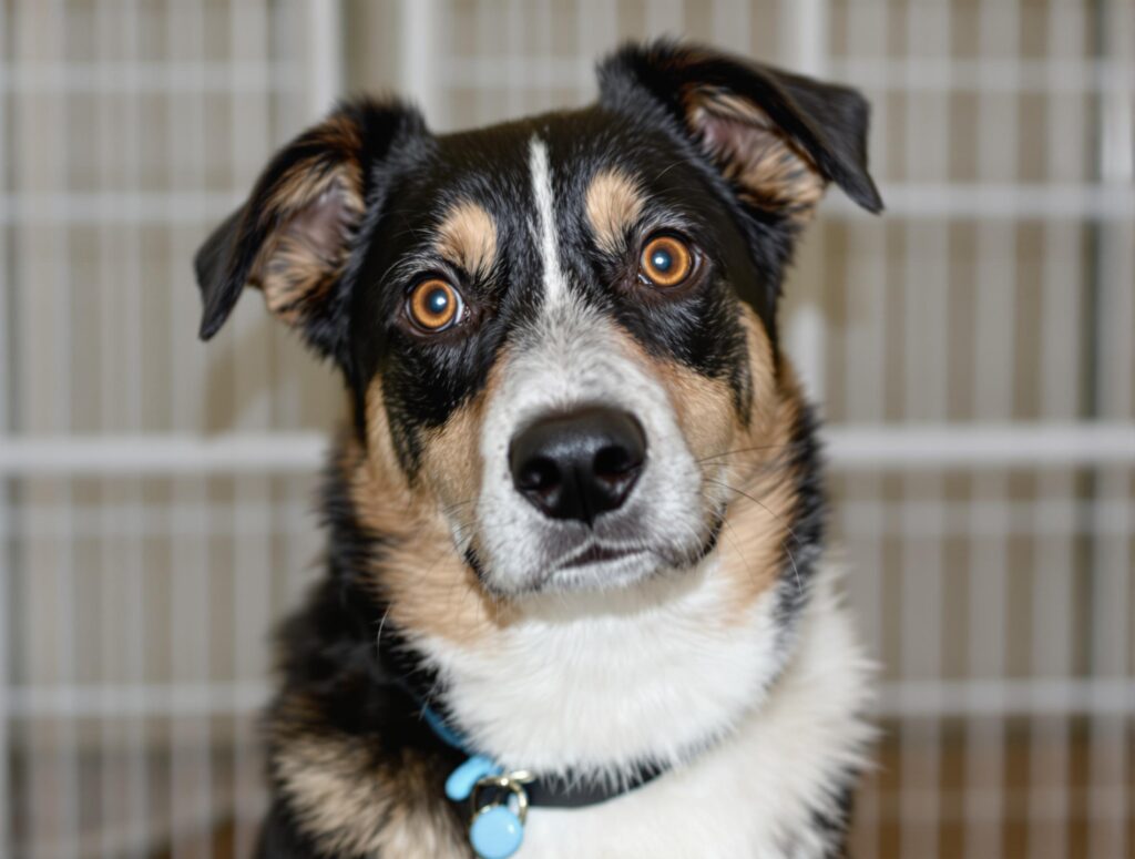 Close-up portrait of a medium-sized dog with a worried expression, highlighting expressive eyes against a soft-focus kennel background.