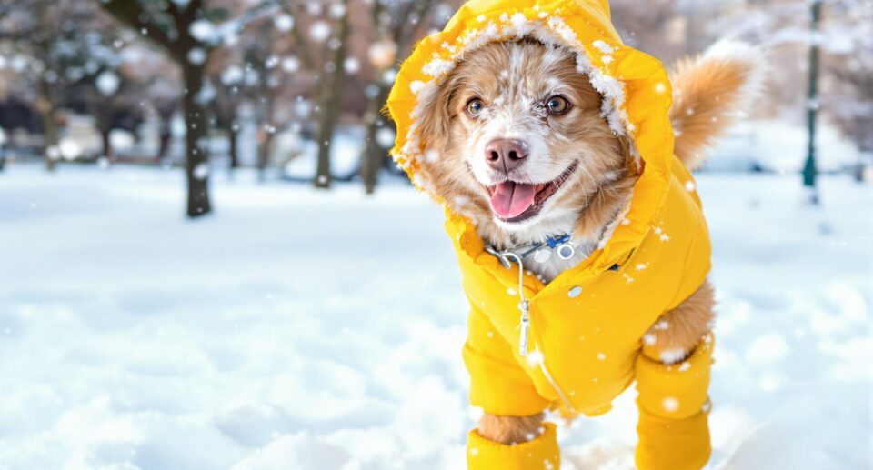 Playful medium-sized dog in yellow coat and booties in winter park, with snow and blue sky backdrop.