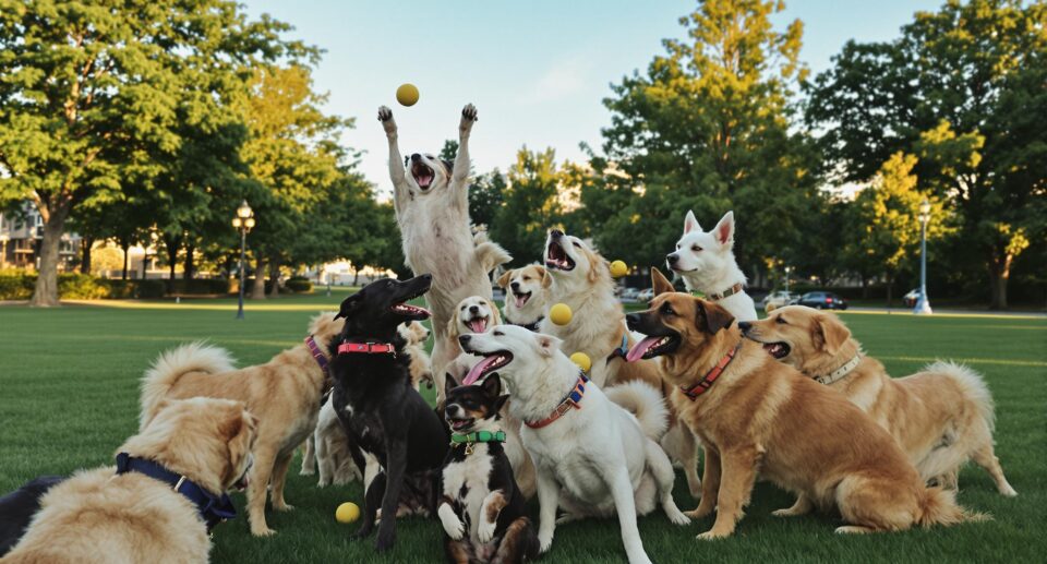 A diverse pack of mixed-breed dogs playing in an urban park, showcasing misconceptions about mutts.