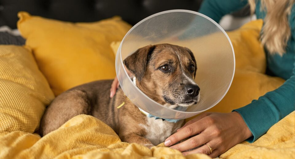 A compassionate owner in a teal shirt gently pets a medium-sized mixed-breed dog wearing a medical cone on a yellow bed.