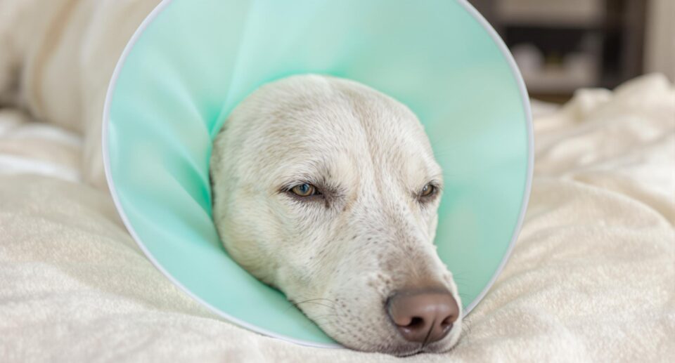 A medium-sized white dog rests on an ivory bed wearing a mint green medical cone after neutering surgery.