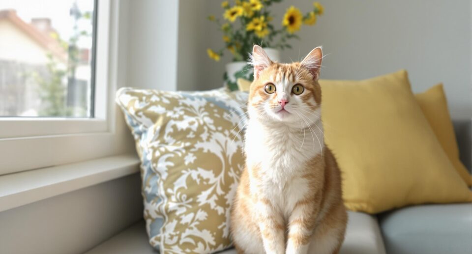 orange cant sitting a couch by the window