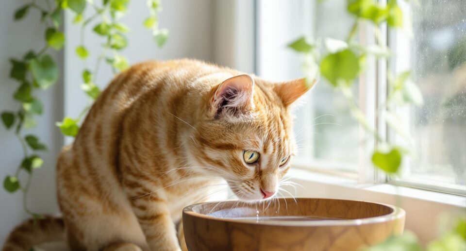 An orange tabby cat is about to drink water from a wooden bowl on a window sill. Light is shinning through the window