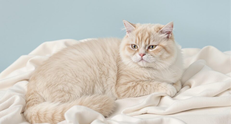 A relaxed overweight domestic cat with a prominent primordial pouch on a luxurious ivory and cornflower blue blanket.