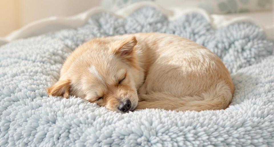A small, soft-coated dog peacefully sleeps on a luxurious powder blue and ivory bed with warm, gentle lighting.