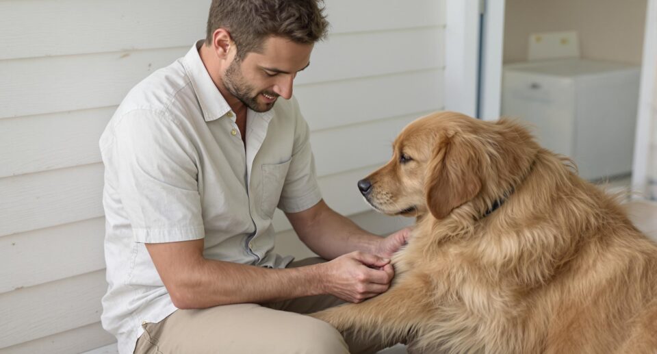 Pet Owner Removing Tick on a Porch