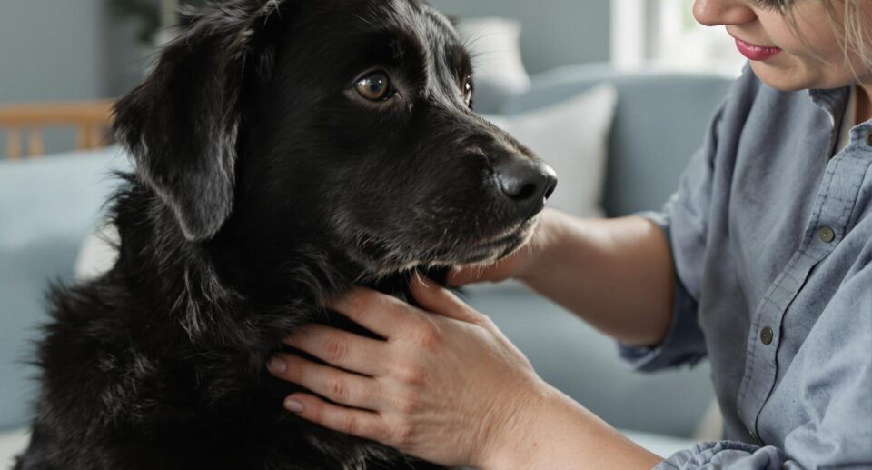 Mid-30s pet owner inspects black dog's fur in softly lit living room, showcasing pet care attentiveness.