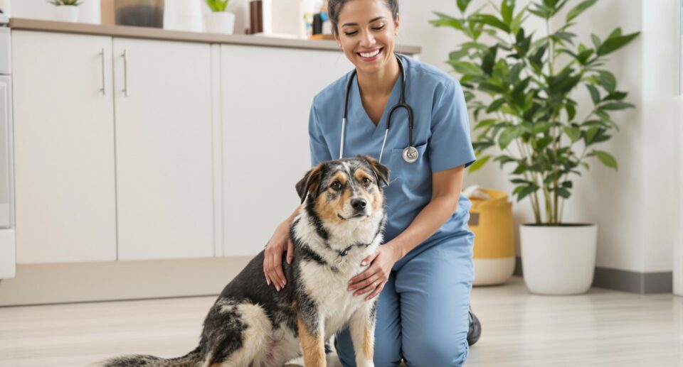 A multi-ethnic female veterinarian kneels beside a rescue dog on a kitchen floor, highlighting pet safety with household items.