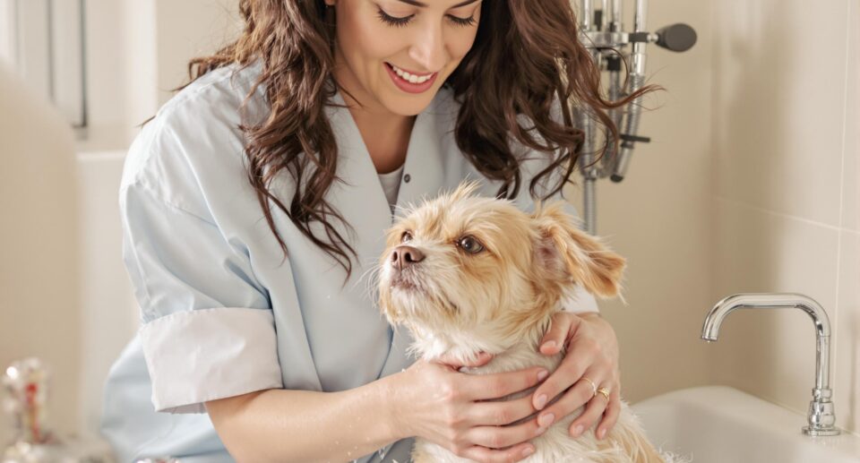 Pet Sitter Bathing the Dog