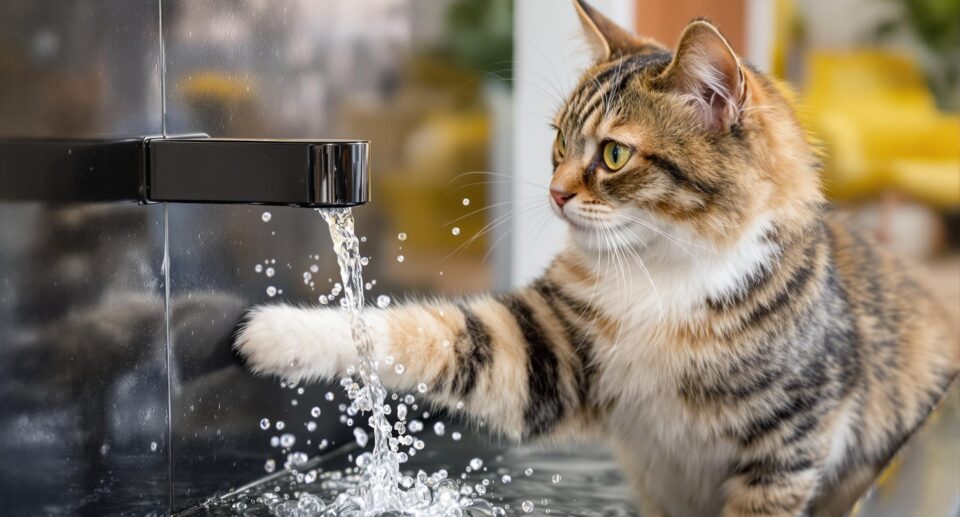 A playful domestic cat with a curious expression interacts with a sleek indoor water feature, captured in a minimalist interior setting.