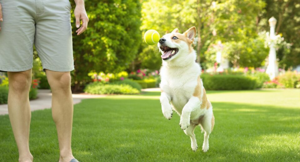 A playful medium-sized dog with a glossy white and tan coat leaps energetically to catch a bright yellow tennis ball in a vibrant suburban backyard.