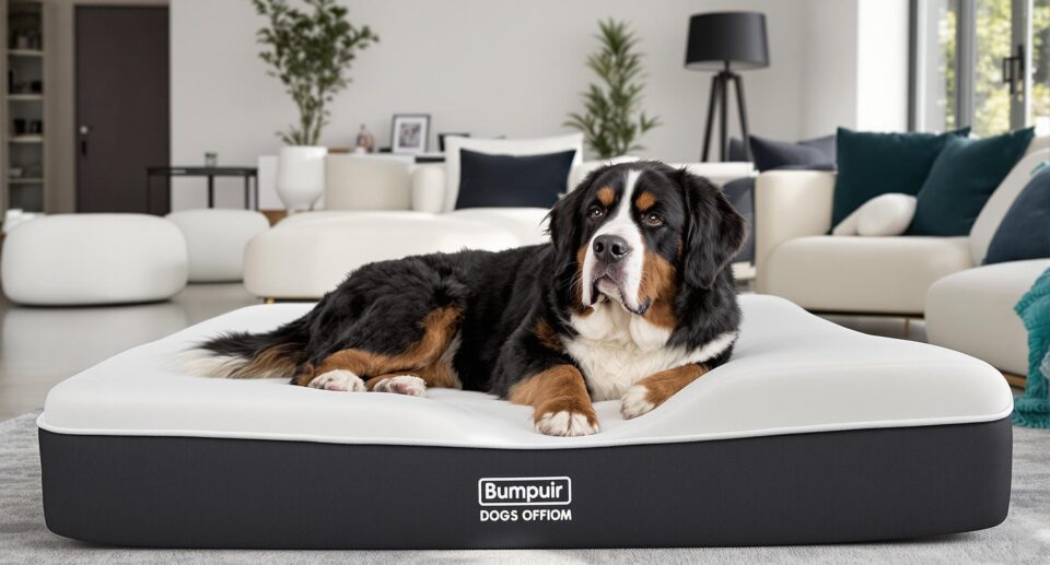 A serene Bernese Mountain Dog resting on a premium orthopedic memory foam dog bed in a modern living room.