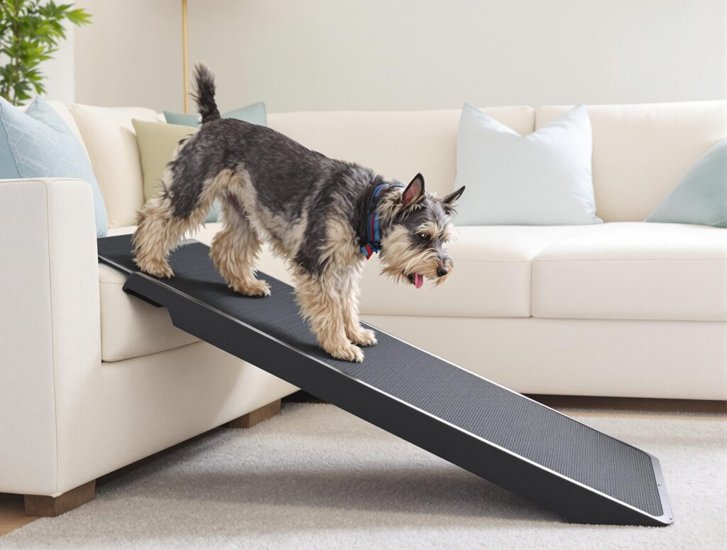 Dog owner in blue kitchen giving joint supplement to attentive brown dog with mint collar.