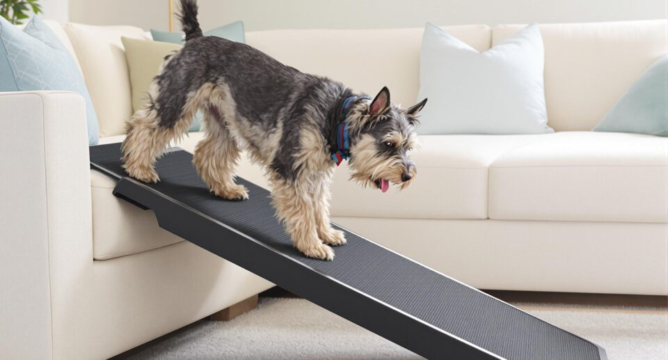 Dog owner in blue kitchen giving joint supplement to attentive brown dog with mint collar.