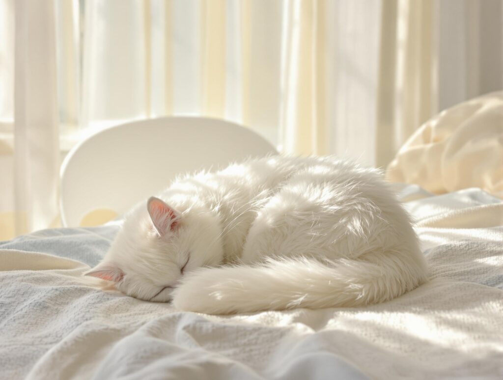 A pure white Persian cat sleeping on a textured bedspread in a tranquil domestic scene, highlighting how to prevent fleas on your cat.