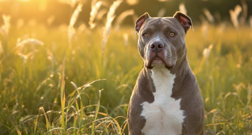 Alert Pit Bull stands in tall grass at sunset, where ticks carrying Lyme disease often hide.