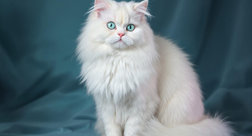 A pristine white Persian cat with mint green eyes sitting on a cornflower blue surface, highlighting its luxurious coat, ideal for high-end pet care branding.