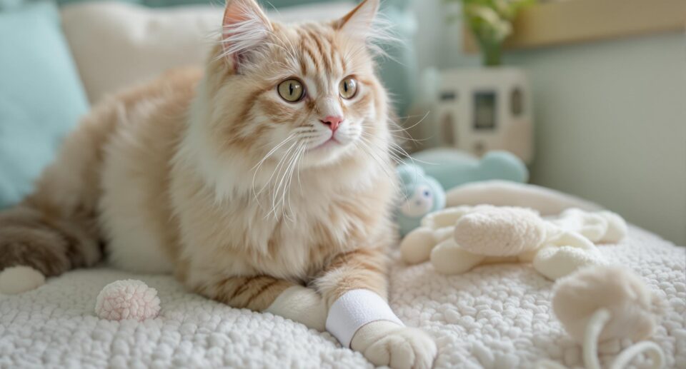 A fluffy cat with a bandaged paw sits on a cushion surrounded by toys, emphasizing professional veterinary care.