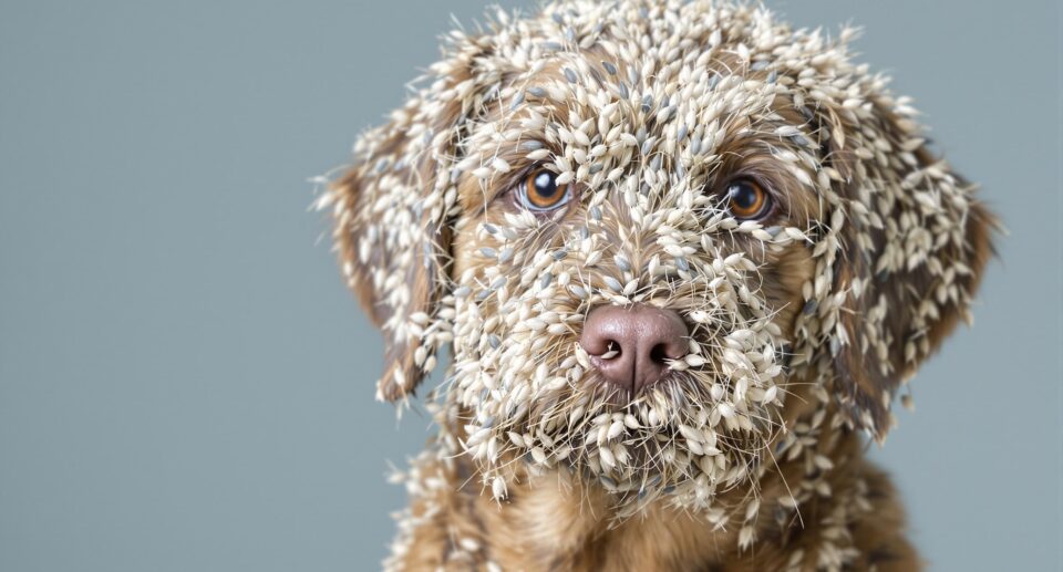 Distressed medium-sized dog with foxtail seeds in fur, highlighting the risk to dog safety.