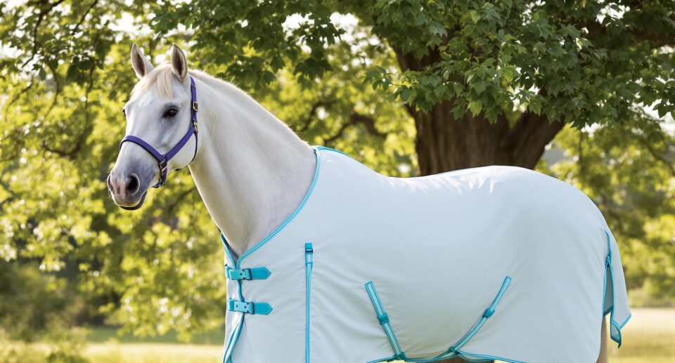 Light-colored horse in UV-protective fly sheet stands under oak tree, highlighting sunburn prevention for horses.