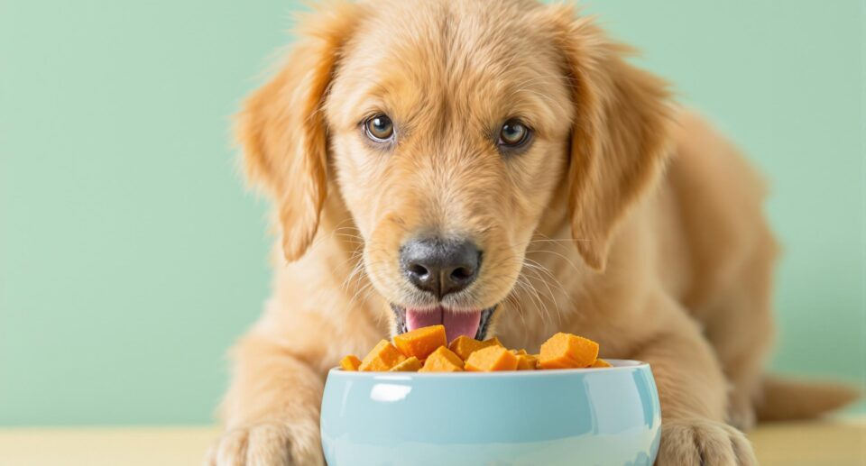 Playful golden retriever puppy eating pumpkin from a blue bowl for digestive health.