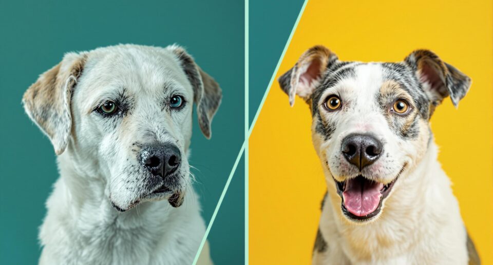 Split-screen image of a mixed-breed dog showing recovery from lethargic to energetic, illustrating pyometra prevention in dogs.