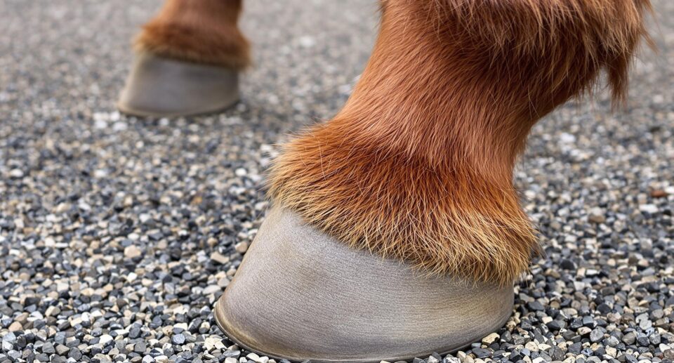 A close up shot of two quarter horse hooves on gravel