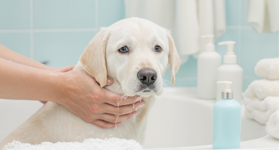 White labrador puppy being bathed in a serene bathroom scene for quick itch relief.