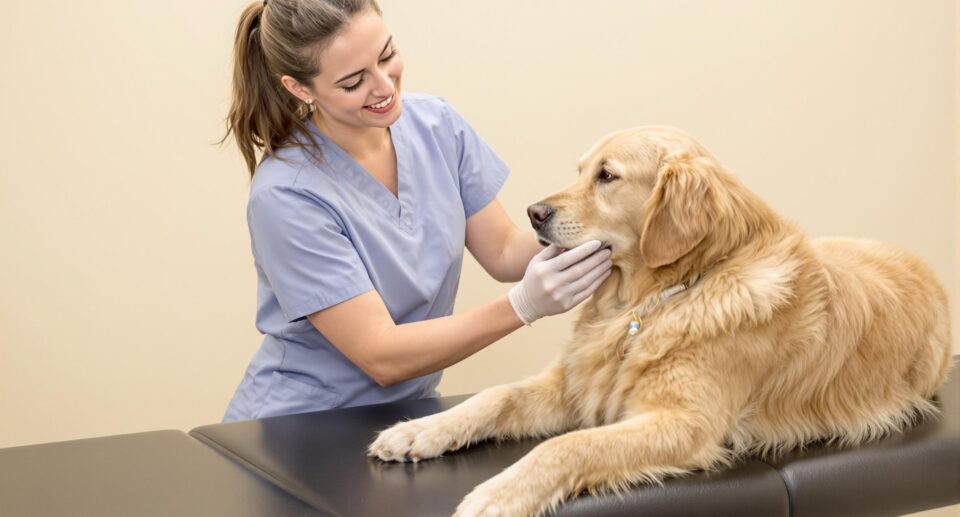 Female veterinarian in blue scrubs giving rabies vaccine to calm golden retriever on exam table.