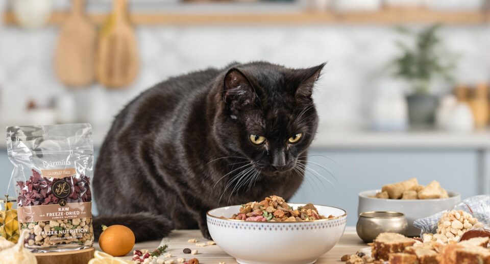 A sleek, healthy cat eating gourmet raw pet food in a stylish kitchen, highlighting premium pet nutrition.
