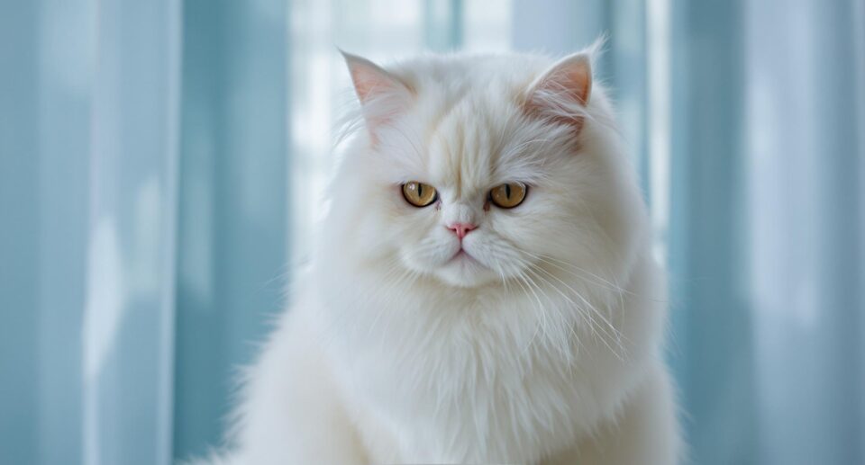 A white Persian cat with long fur looks at the camera. There is a window with blue curtains in the background.