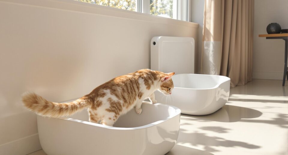 A curious cat explores clean litter boxes in a sunlit home interior, showcasing a fresh environment to reduce cat litter odor.