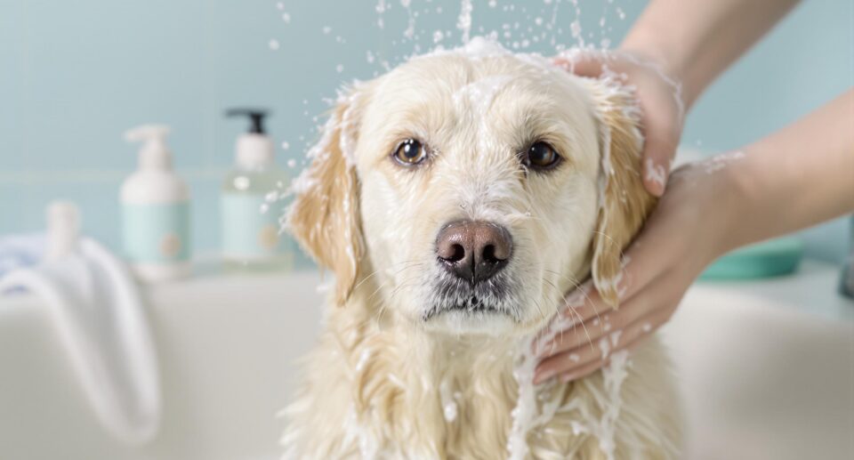 A small light-colored dog enjoys a soothing flea shampoo bath, appearing calm and comfortable.
