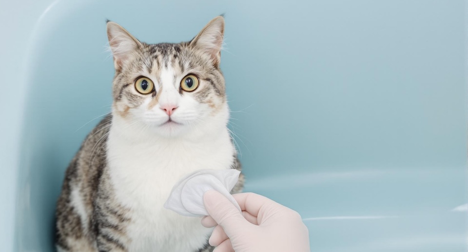 Overhead view of a puzzled white and gray tabby cat in a bathtub with a skunk odor removal solution being applied.