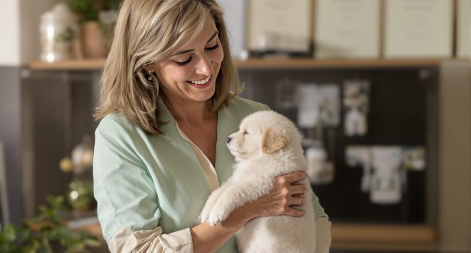 A responsible breeder cradles a purebred puppy, showcasing professionalism and care in a clean home setting.