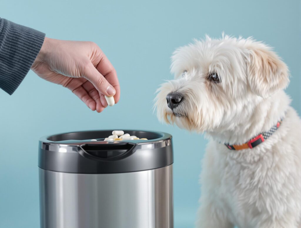 A mid-30s person responsibly disposing of medication into a medical bin, with a white terrier nearby, emphasizing care and safety.