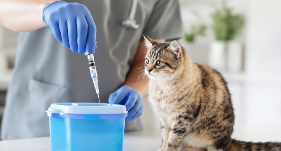 Human hands sealing a medical sharps container while a cat watches, emphasizing pet safety and medical responsibility.