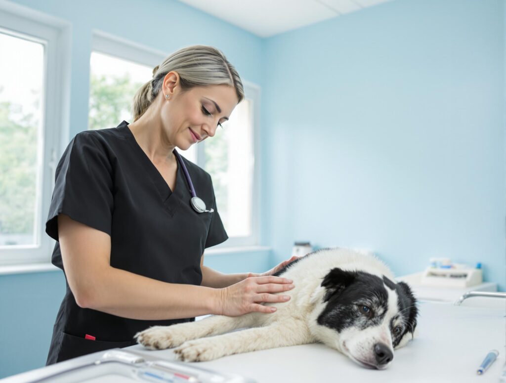 Mid-40s female veterinarian examining elderly mixed-breed dog during a senior blood panel test in a professional clinic setting.