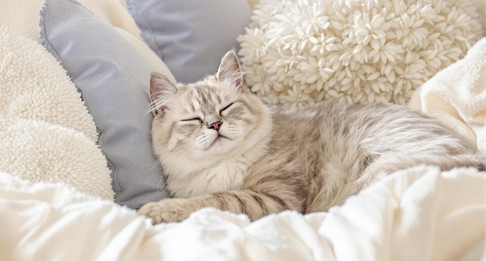 Elderly gray senior cat resting comfortably in a plush bed, illustrating how to care for a senior cat.