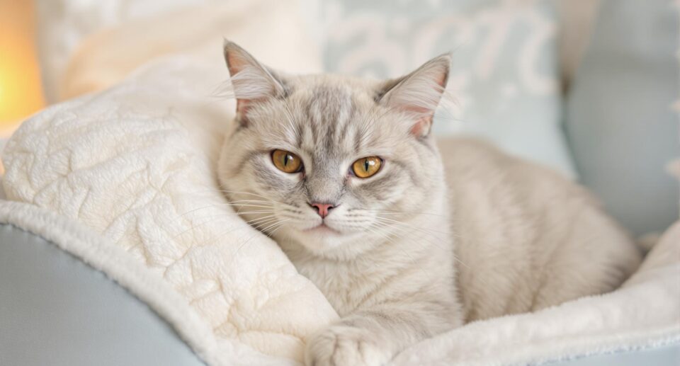 Serene senior cat with silver-gray fur in a plush bed, highlighting feline cognitive dysfunction.
