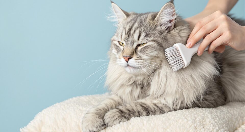 Elderly silver tabby cat being gently groomed with a brush, illustrating senior cat grooming issues and care.