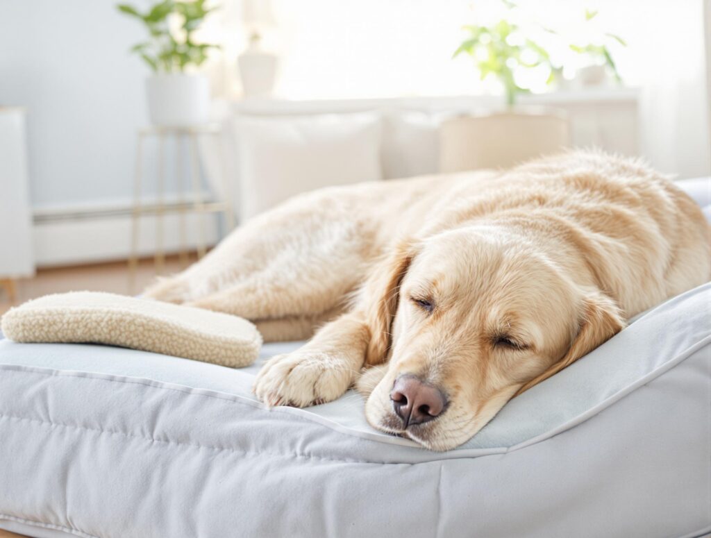 Senior golden retriever peacefully resting on a blue memory foam dog bed with a puppy pad nearby, highlighting care for senior dogs with accidents.