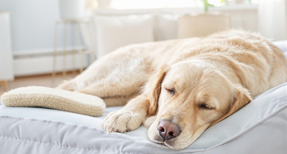 Senior golden retriever peacefully resting on a blue memory foam dog bed with a puppy pad nearby, highlighting care for senior dogs with accidents.