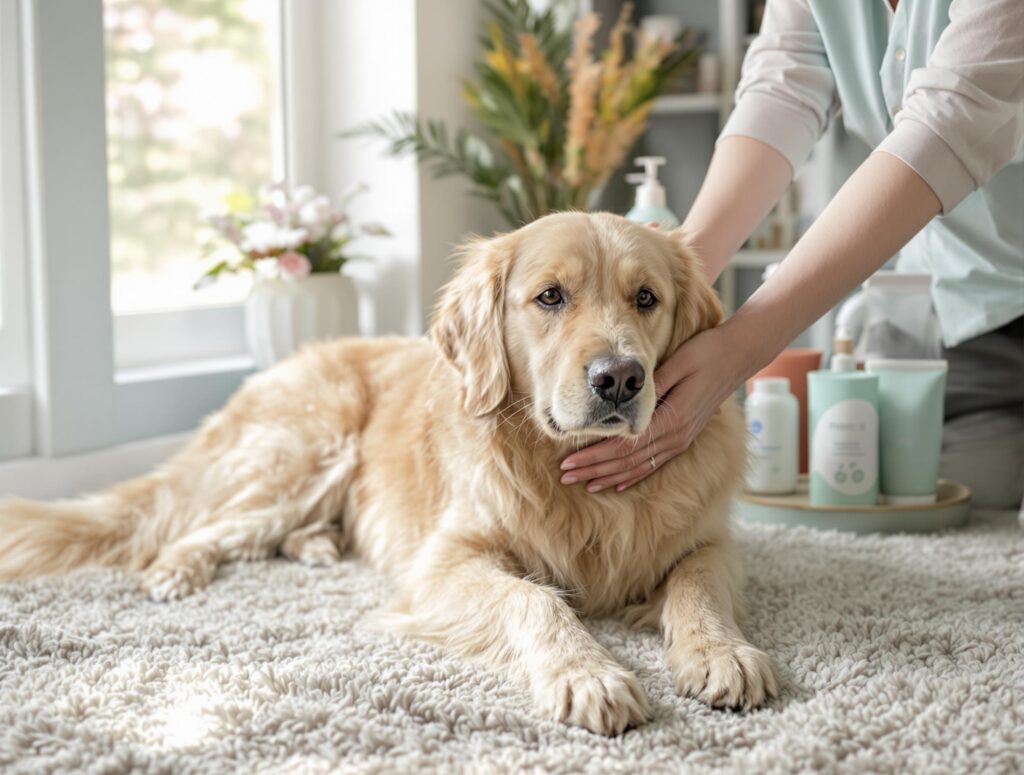 Elderly golden retriever receiving a soothing massage from owner, highlighting senior dog care.
