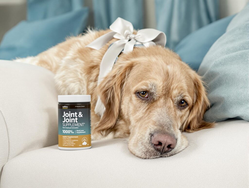 A senior golden retriever resting on a couch with a joint supplement package in the background, emphasizing joint care for senior dogs.