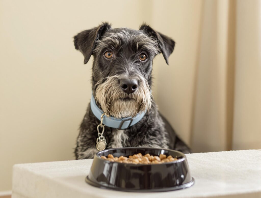 Elderly senior dog with gentle eyes and a blue collar sitting by a black ceramic food bowl in a warm home setting.