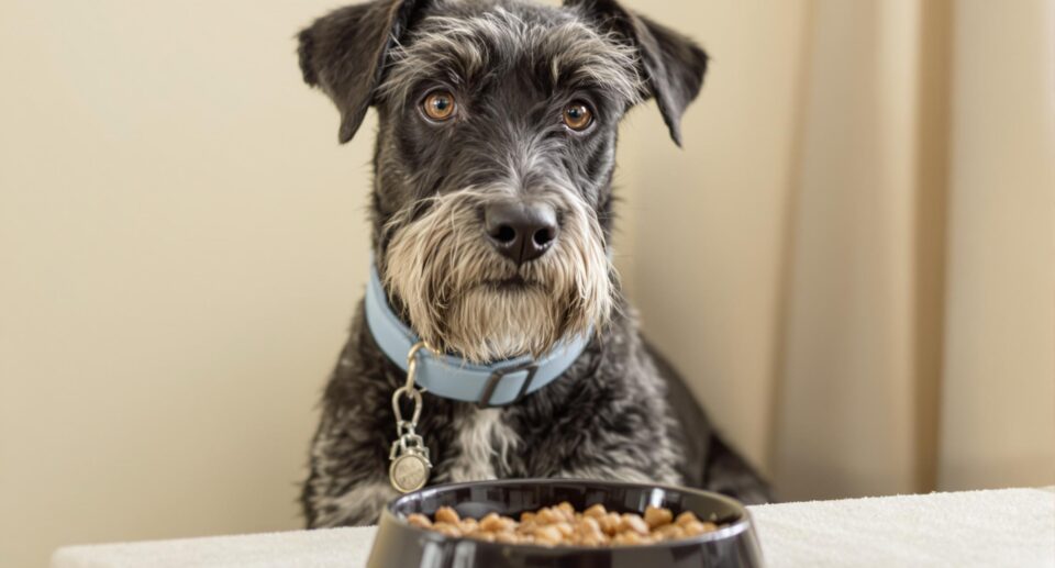 Elderly senior dog with gentle eyes and a blue collar sitting by a black ceramic food bowl in a warm home setting.