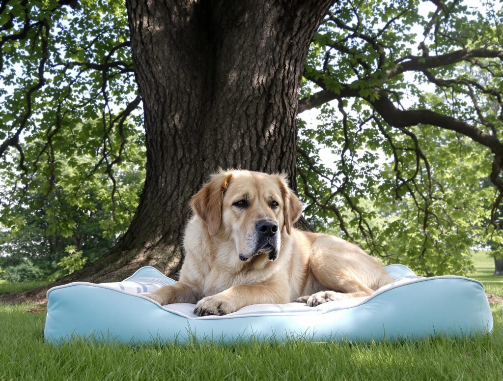 Senior dog resting on a cooling bed under a tree, showcasing how to protect dogs from summer heat.